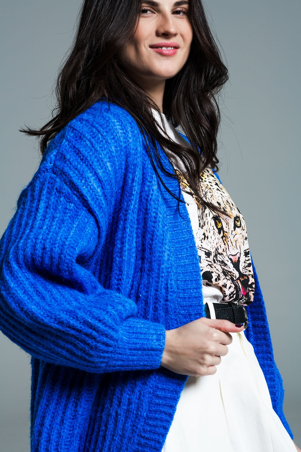 Chunky Rib Cardigan With 3/4 Sleeve in Royal Blue Q2 Sweaters BoutiqueLua