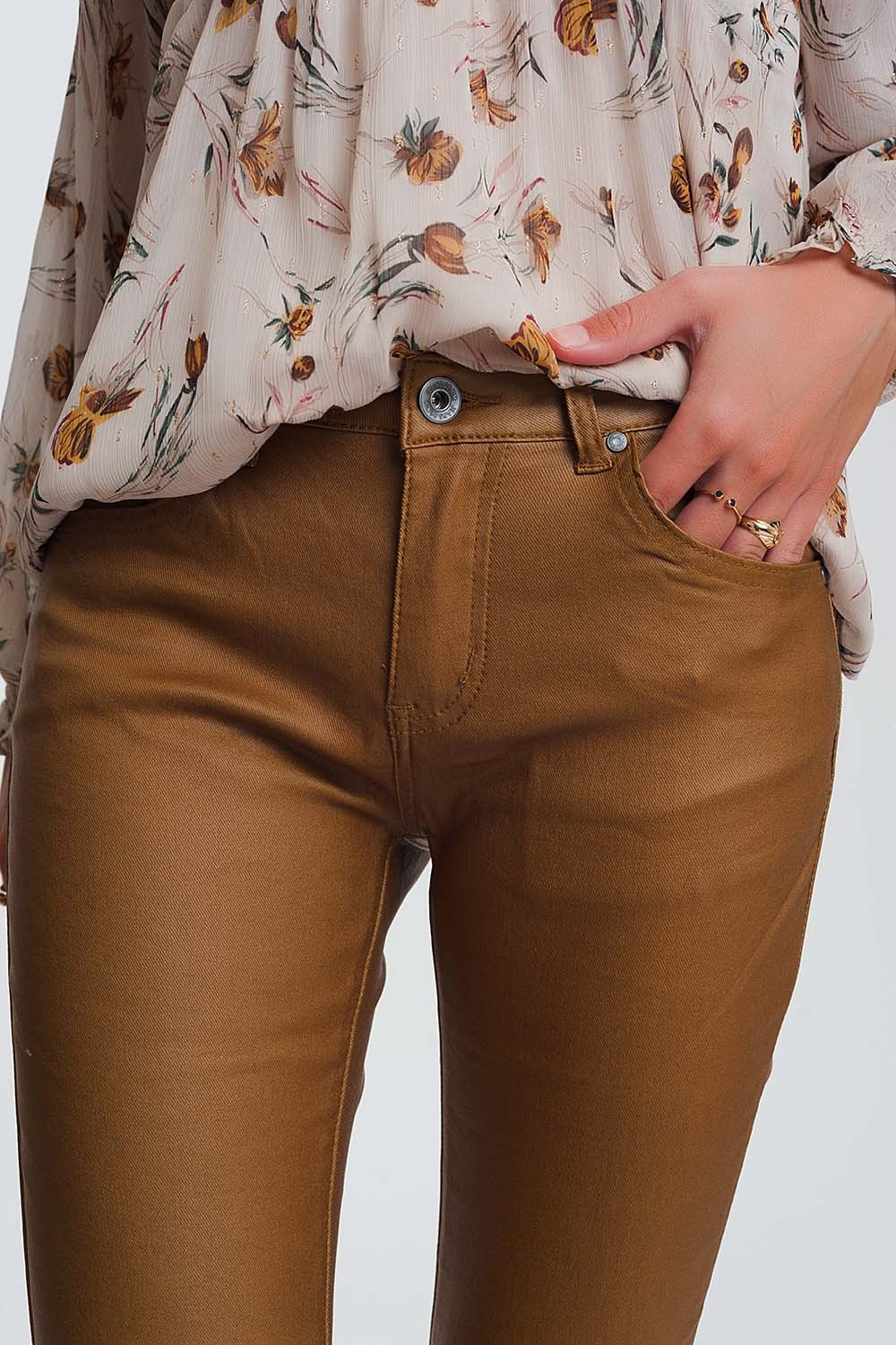 coated skinny pants in camel Q2 Pants BoutiqueLua