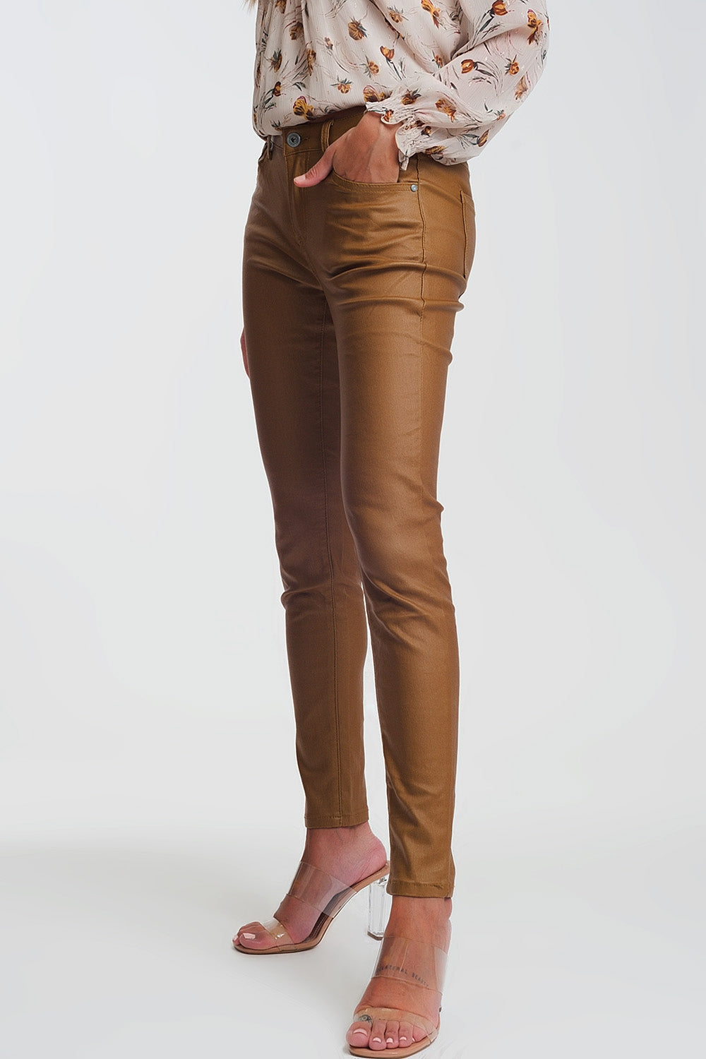 coated skinny pants in camel Q2 Pants BoutiqueLua