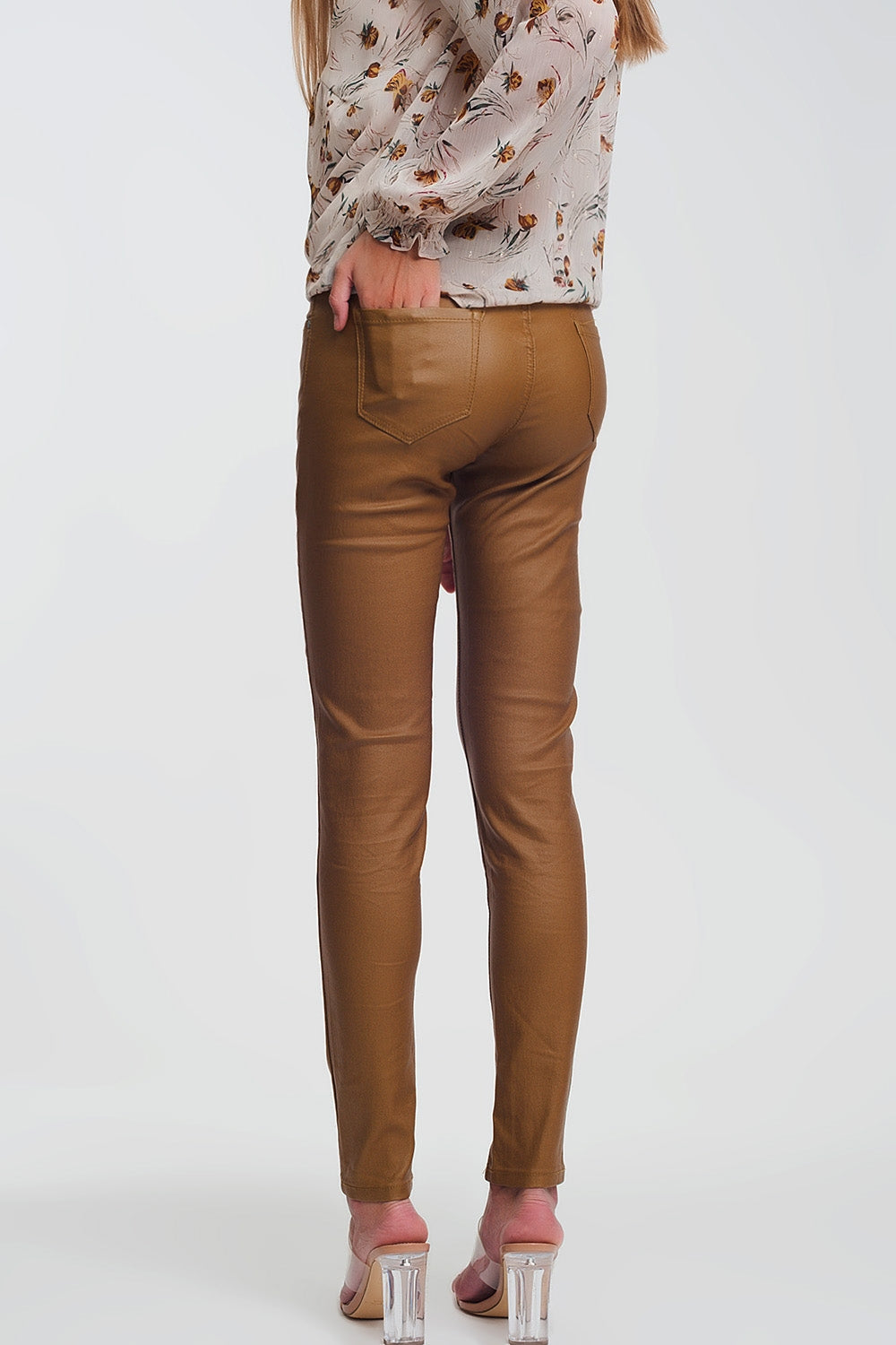 coated skinny pants in camel Q2 Pants BoutiqueLua