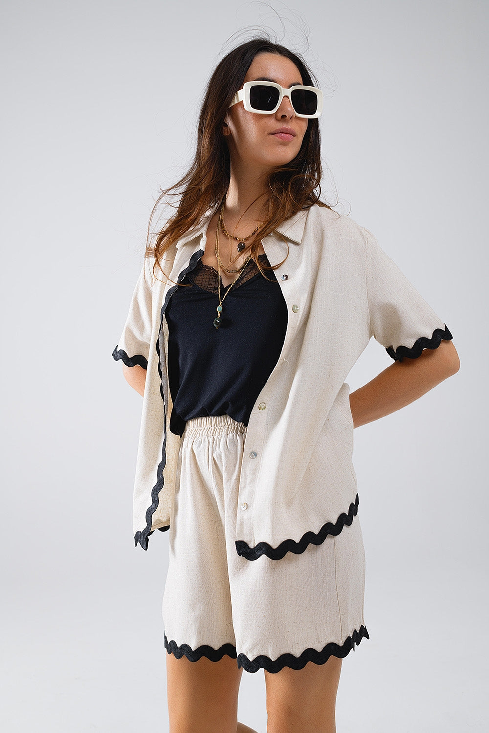 Contrast Scallop Trim Linen Shirt in Beige Q2 Shirts BoutiqueLua