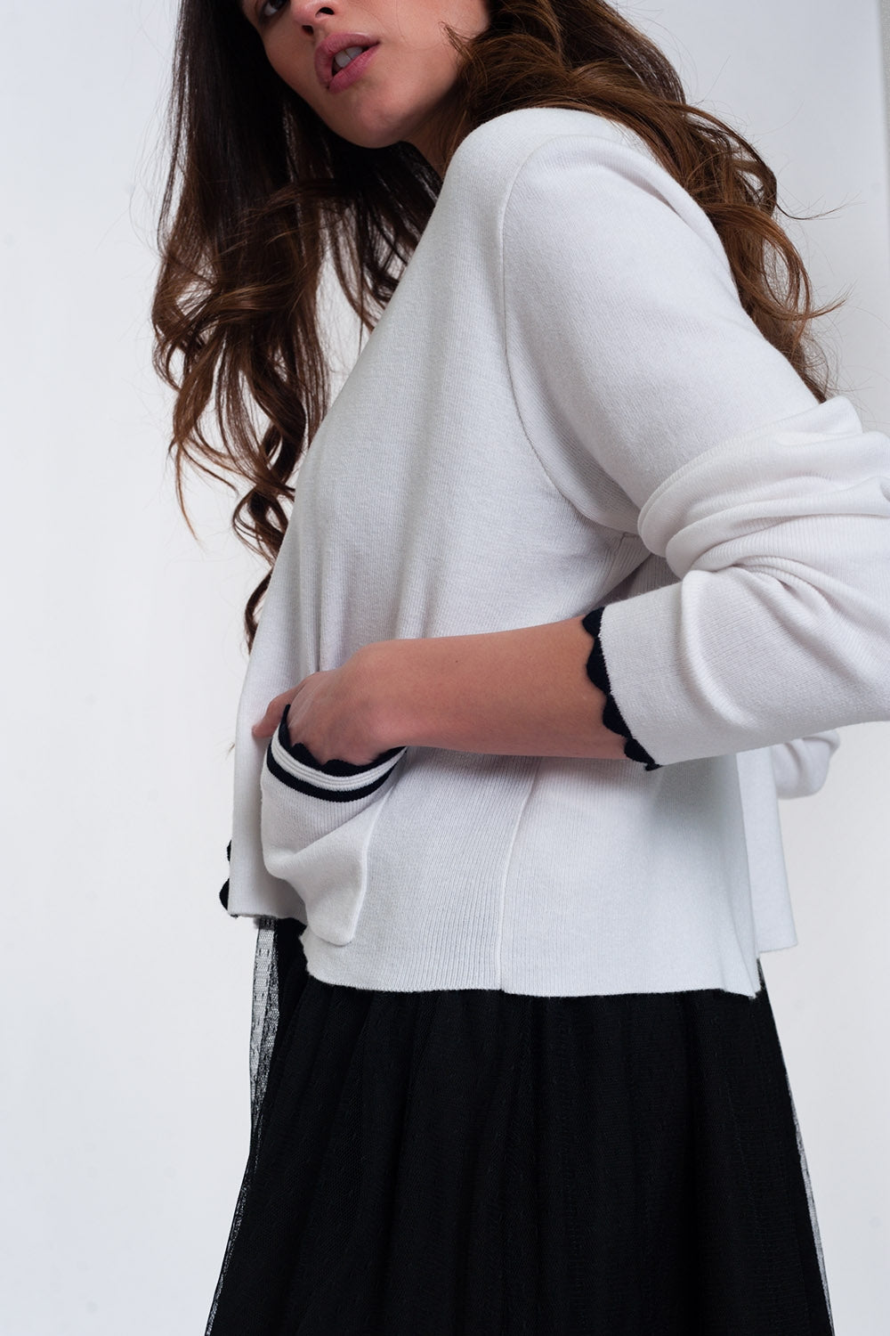 Contrast trim cardigan in white Q2 Sweaters BoutiqueLua