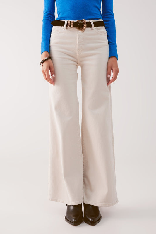 Q2 Cotton blend wide leg jeans in beige