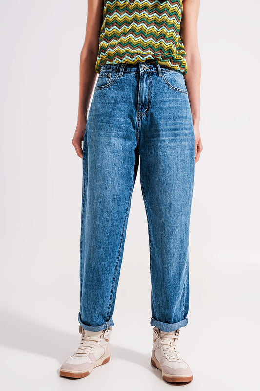 Q2 Cotton high waist mom jeans in medium blue