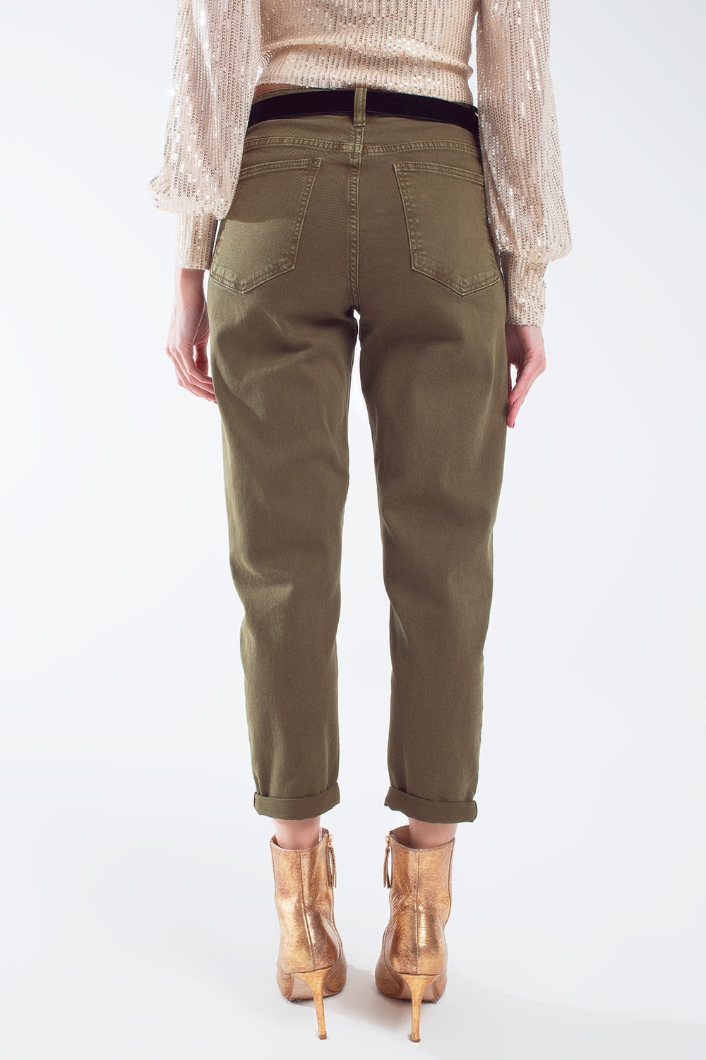 Cotton mid rise slouchy jean in khaki sepia Q2 Jeans BoutiqueLua