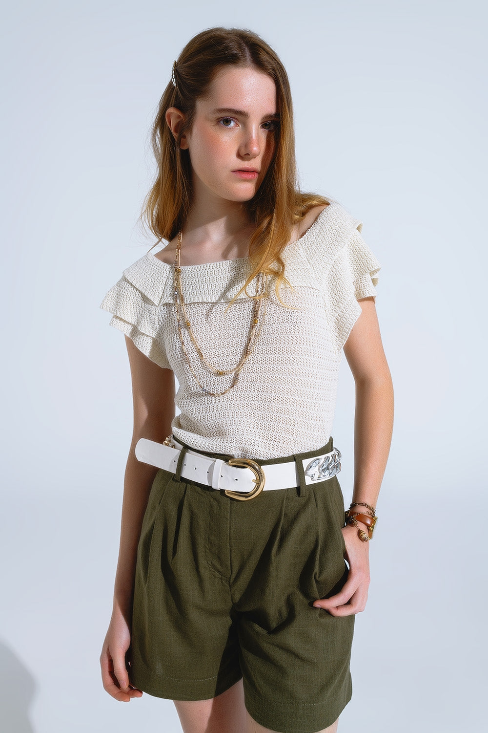 Cream Croched Short Sleeve Sweater With Boat Neck Q2 Sweaters BoutiqueLua