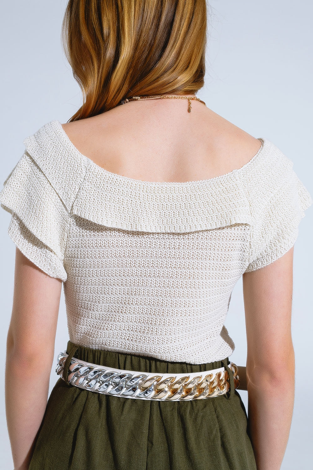 Cream Croched Short Sleeve Sweater With Boat Neck Q2 Sweaters BoutiqueLua