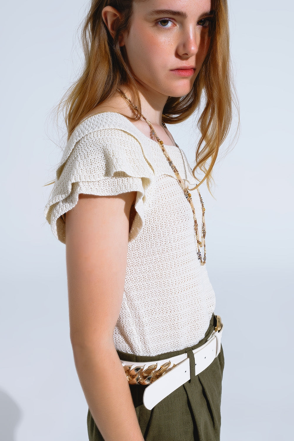 Cream Croched Short Sleeve Sweater With Boat Neck Q2 Sweaters BoutiqueLua