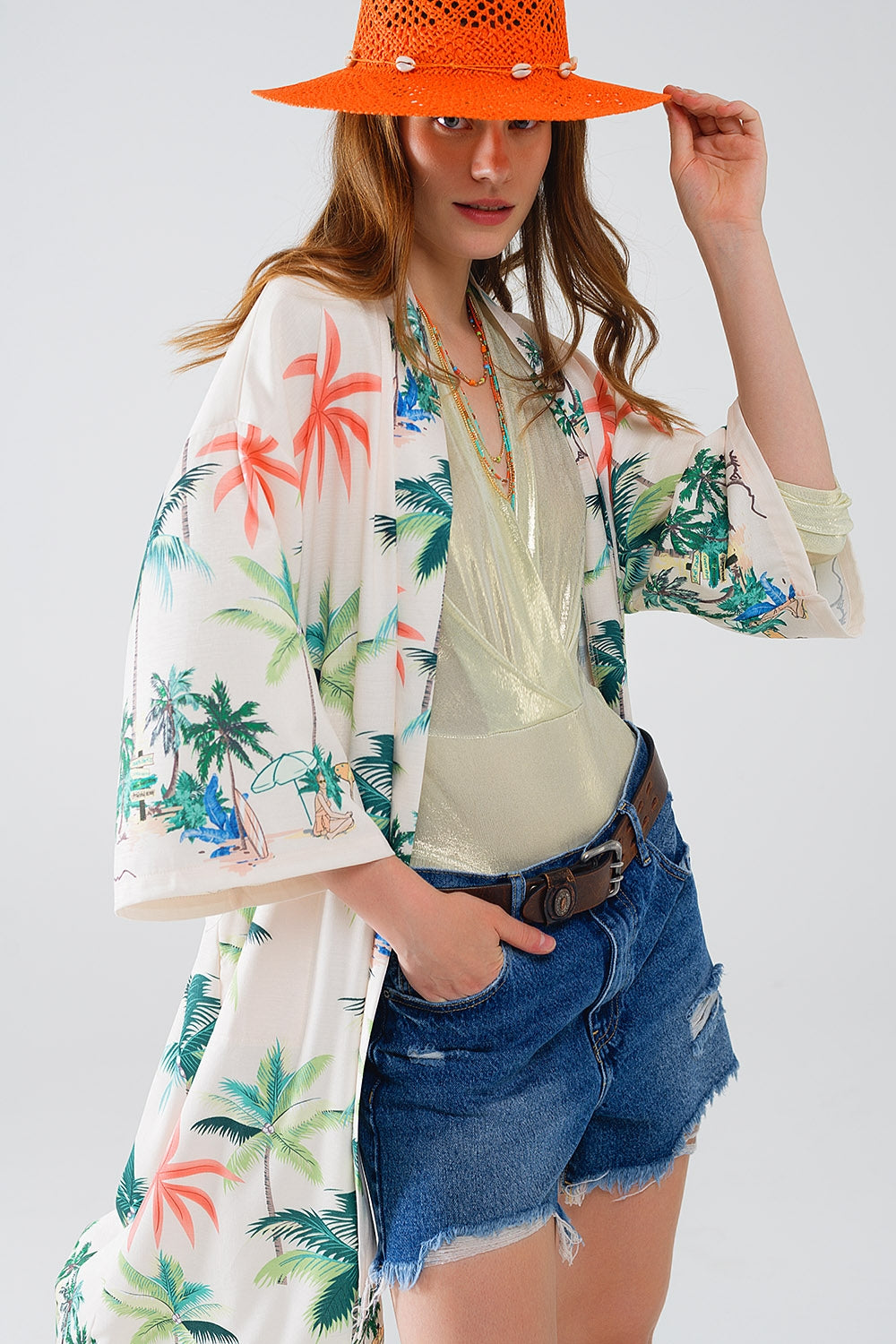 Cream Open Kimono with Beach Print in Midi Length Q2 Coats and Jackets BoutiqueLua