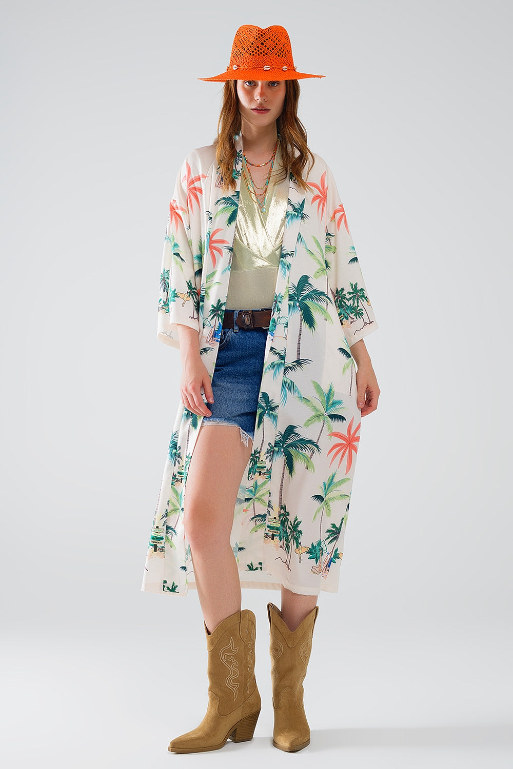 Cream Open Kimono with Beach Print in Midi Length Q2 Coats and Jackets BoutiqueLua