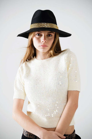 Cream short sleeve sequin sweater