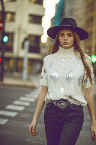 Cream short sleeve sweater with sequin embellishment