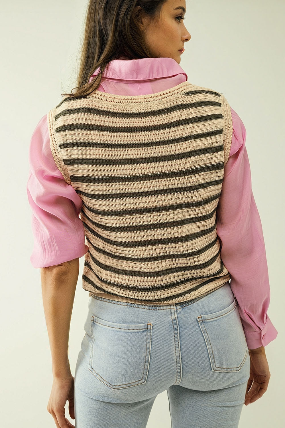 Cream sleeveless knit top with khaki stripes Q2 Sweaters BoutiqueLua