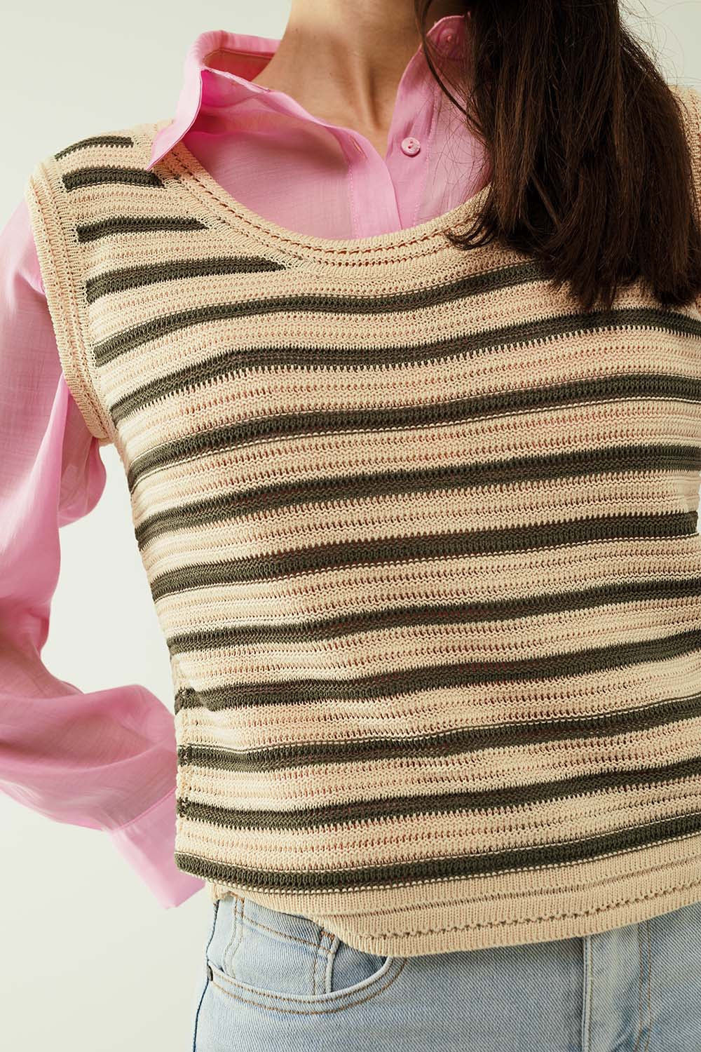 Cream sleeveless knit top with khaki stripes Q2 Sweaters BoutiqueLua