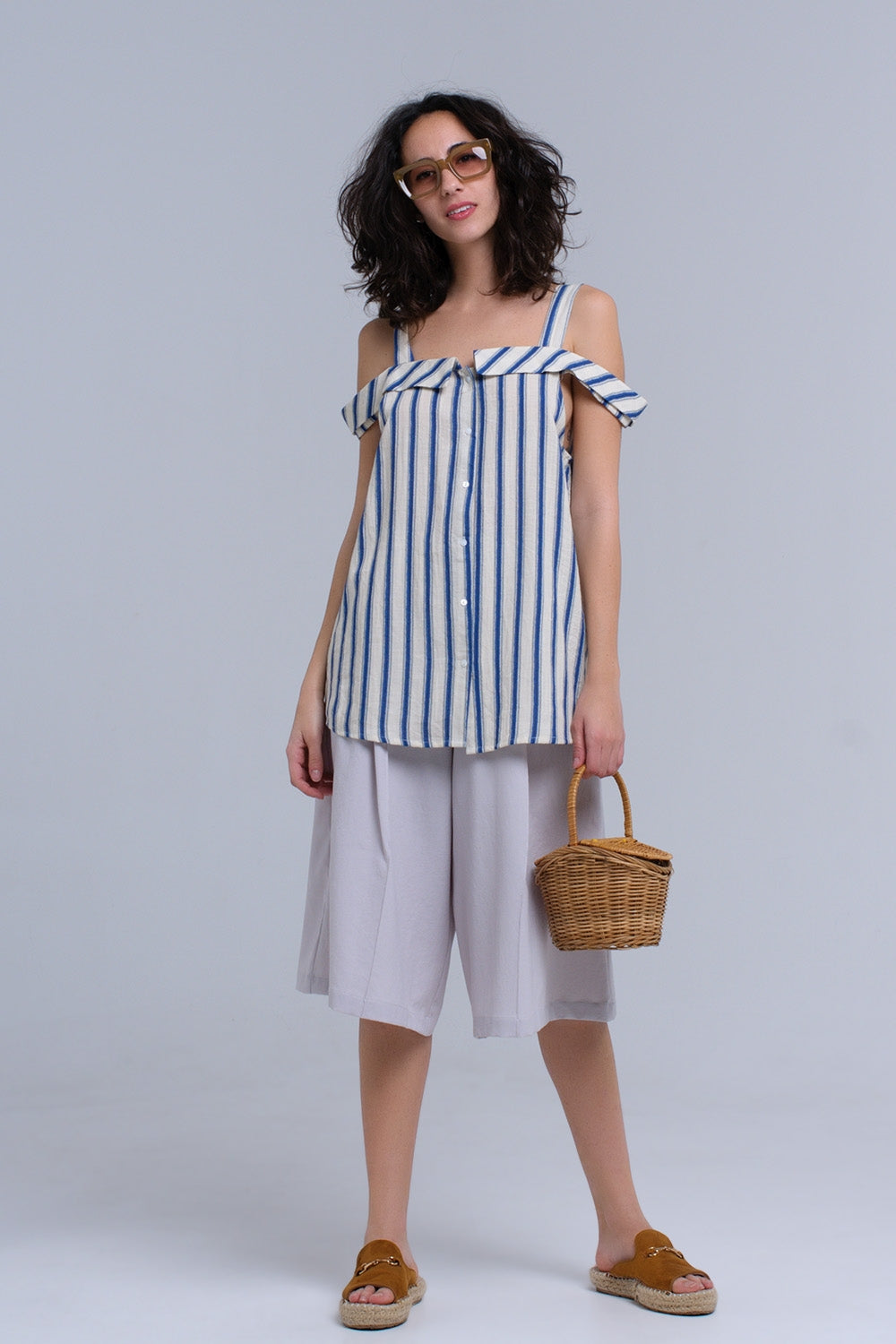 Cream top with blue stripes Q2 Shirts BoutiqueLua