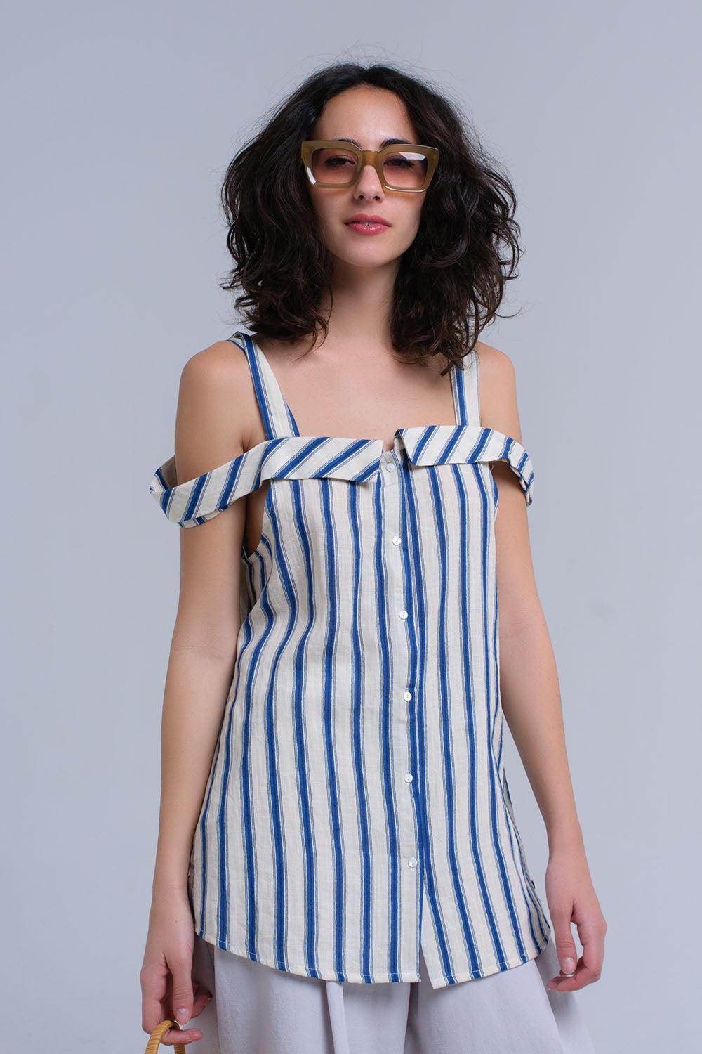 Cream top with blue stripes Q2 Shirts BoutiqueLua