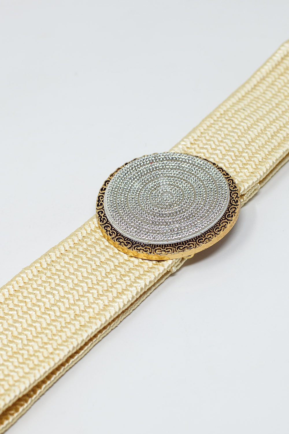 Cream woven belt with round buckle with rhinestones Q2 Accessories BoutiqueLua