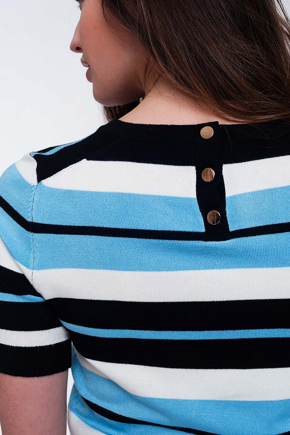 Crew neck boxy jumper with multi stripes in blue Q2 Sweaters BoutiqueLua