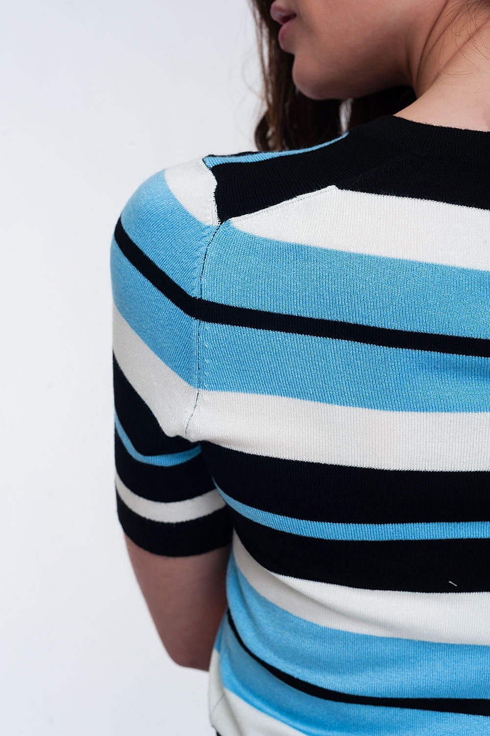 Crew neck boxy jumper with multi stripes in blue Q2 Sweaters BoutiqueLua