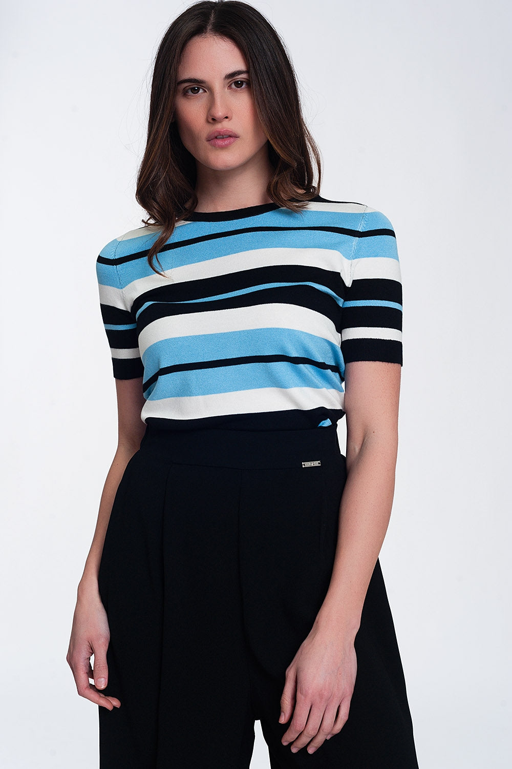 Q2 Crew neck boxy jumper with multi stripes in blue