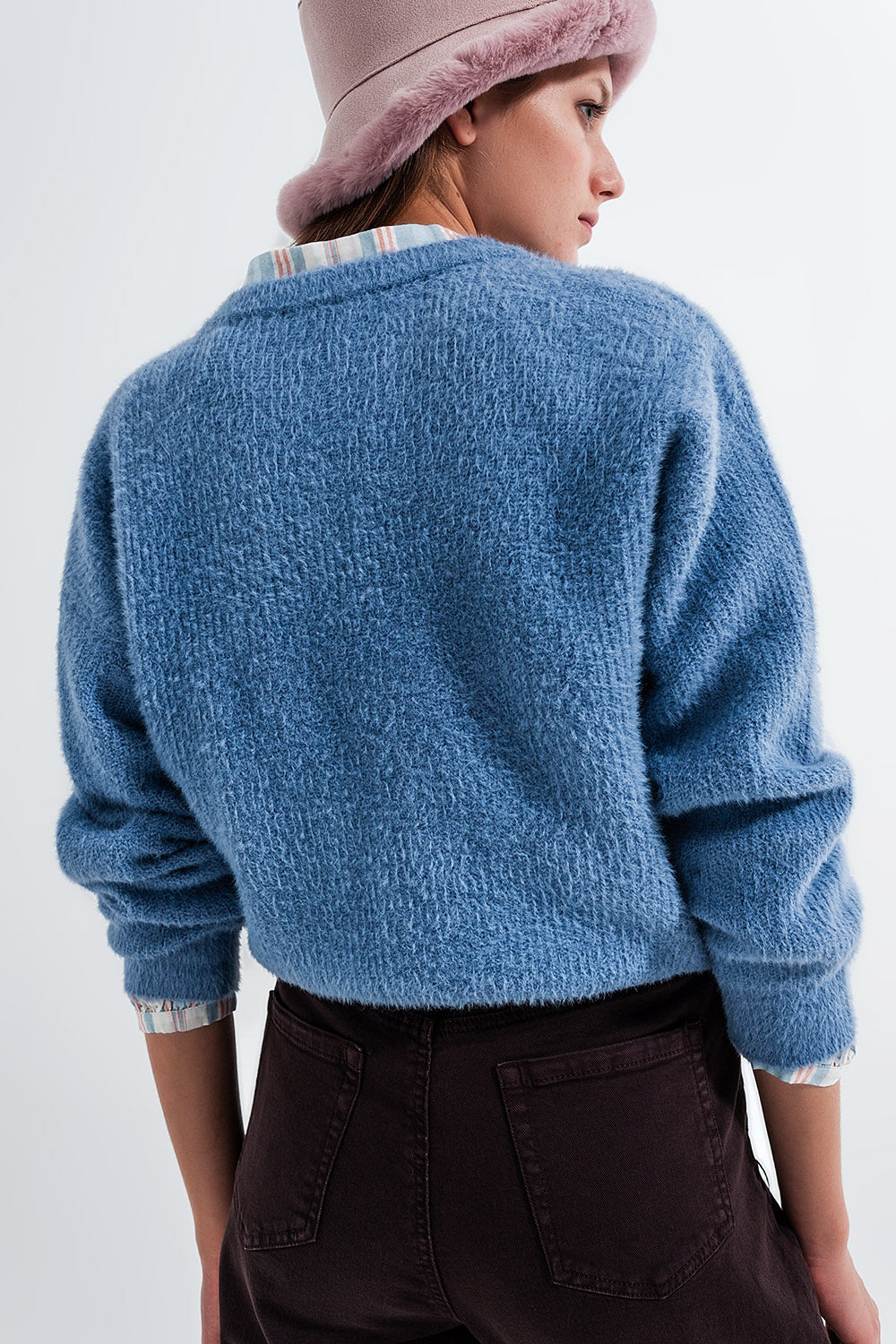 Crew neck jumper in rib with fluffy yarn in blue Q2 Sweaters BoutiqueLua