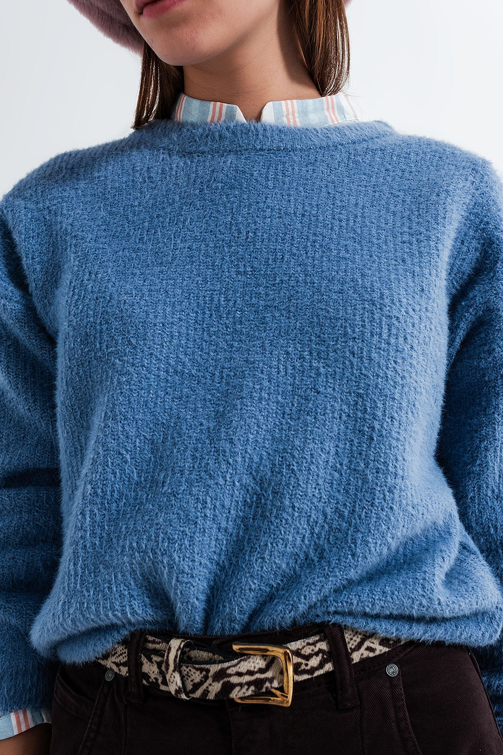 Crew neck jumper in rib with fluffy yarn in blue Q2 Sweaters BoutiqueLua