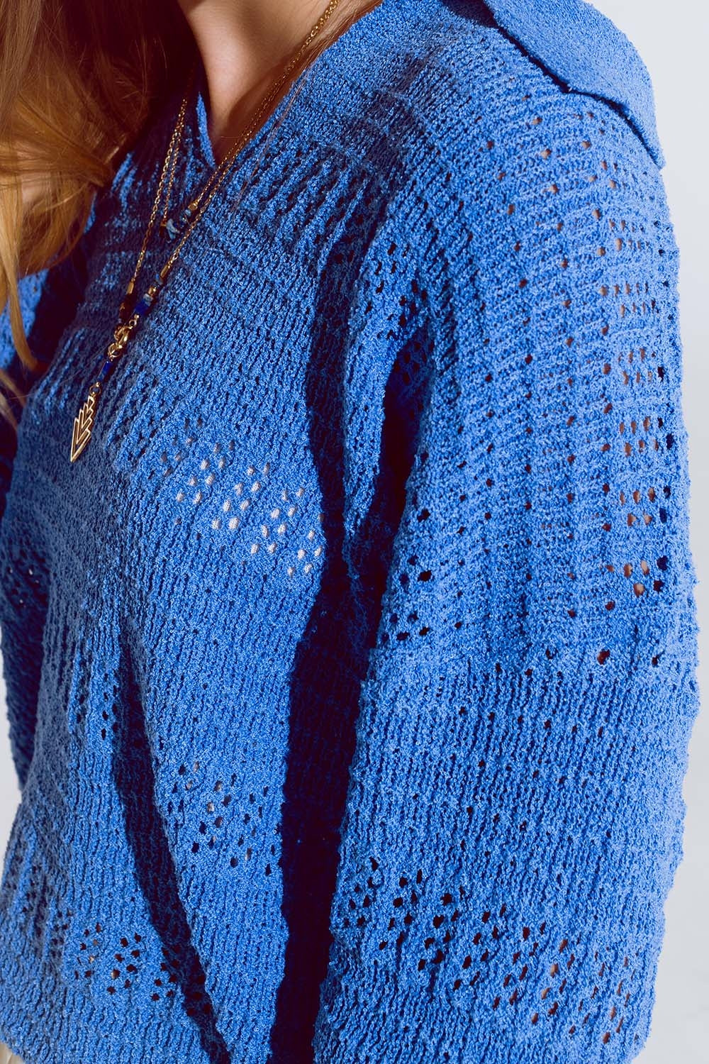 Crochet Knitted Jumper In V-neck With Polo Collar in Blue Q2 Sweaters BoutiqueLua