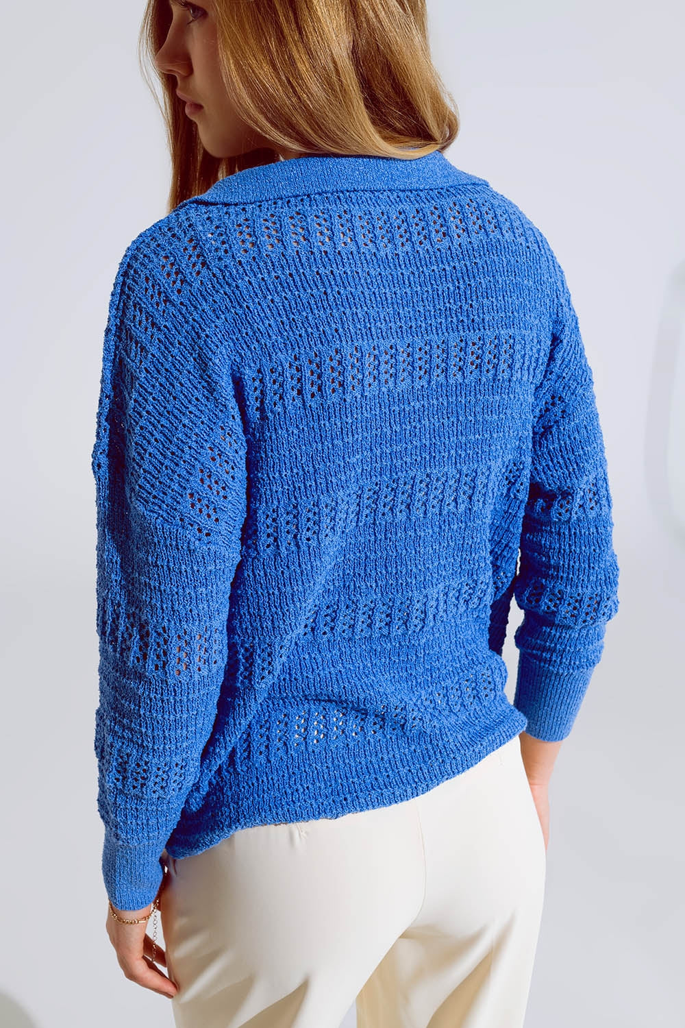 Crochet Knitted Jumper In V-neck With Polo Collar in Blue Q2 Sweaters BoutiqueLua