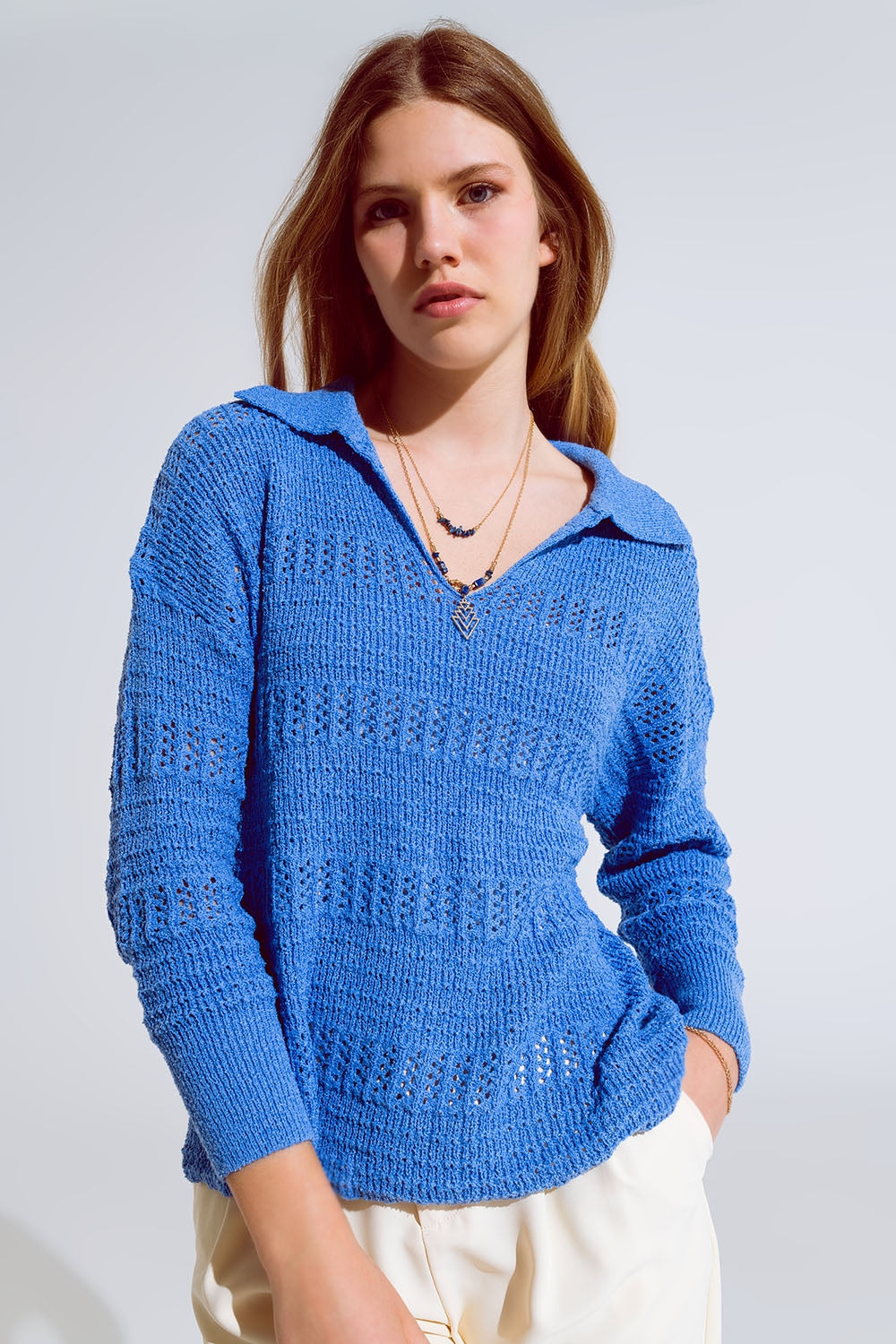 Crochet Knitted Jumper In V-neck With Polo Collar in Blue Q2 Sweaters BoutiqueLua