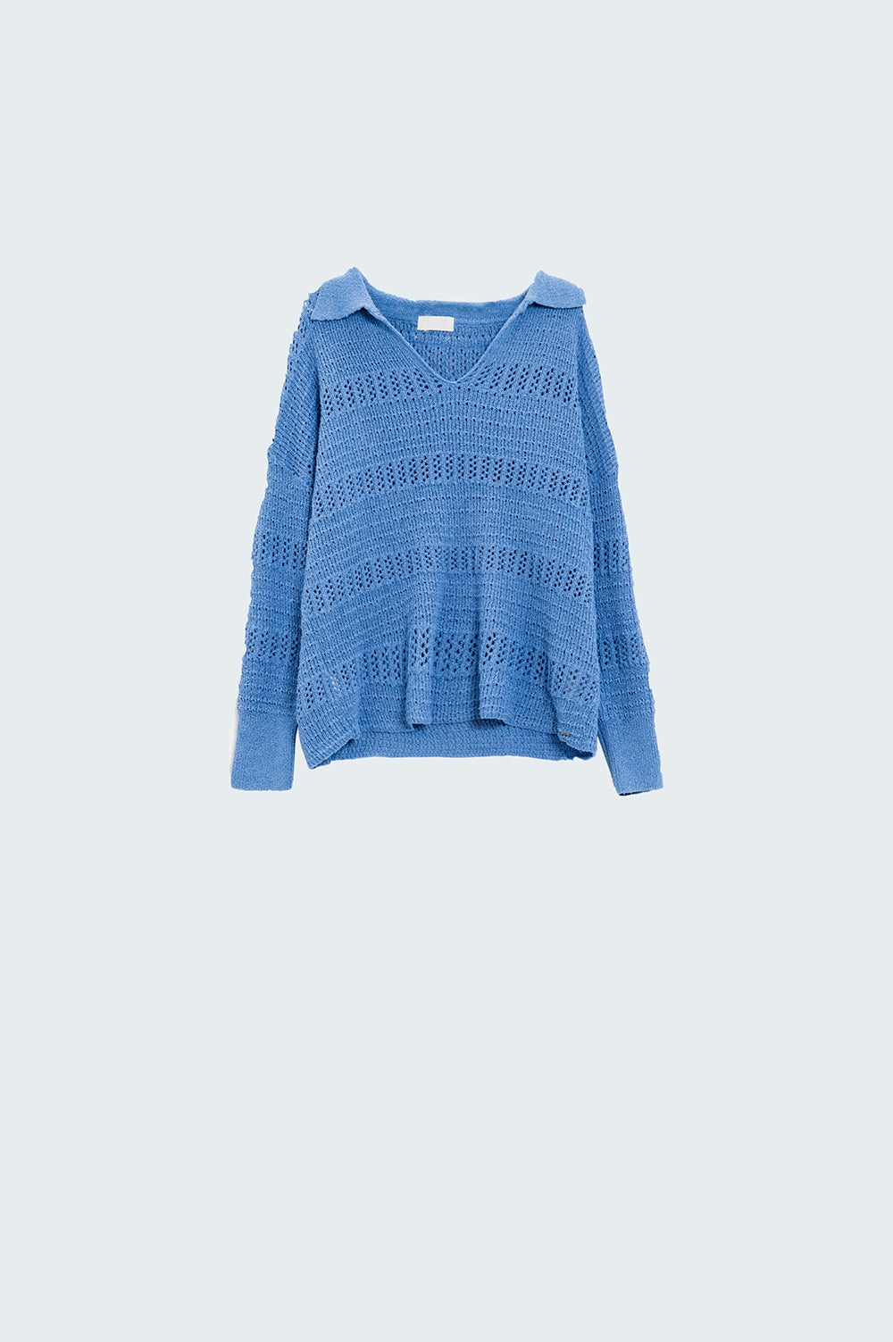 Crochet Knitted Jumper In V-neck With Polo Collar in Blue Q2 Sweaters BoutiqueLua