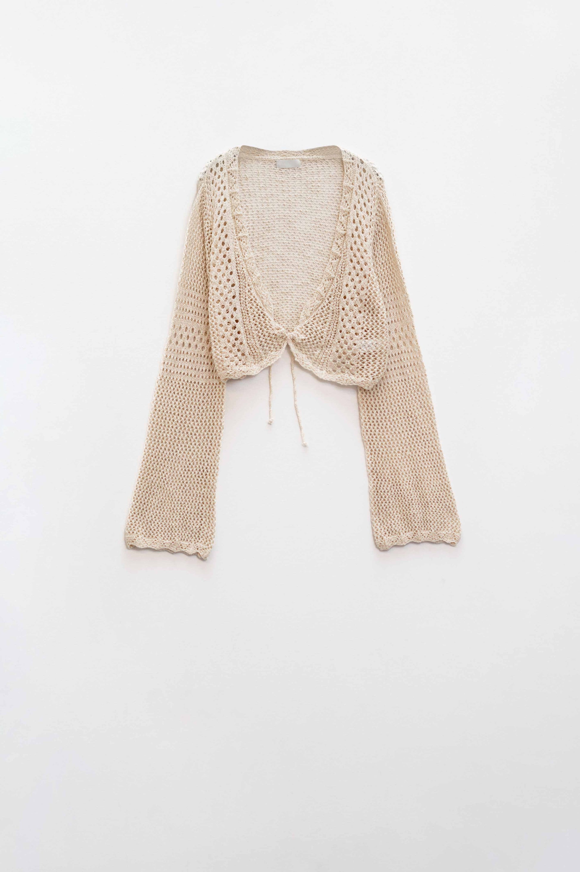 Q2 Cropped Cardigan In Beige With Tie Closing