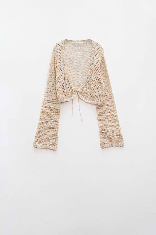 Q2 Cropped Cardigan In Beige With Tie Closing