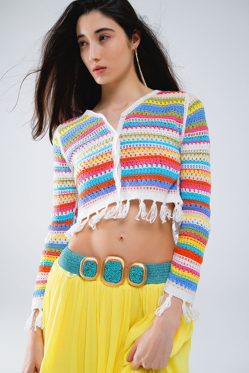 Cropped Crochet Cardigan In Multicolor Stripe Q2 Sweaters BoutiqueLua