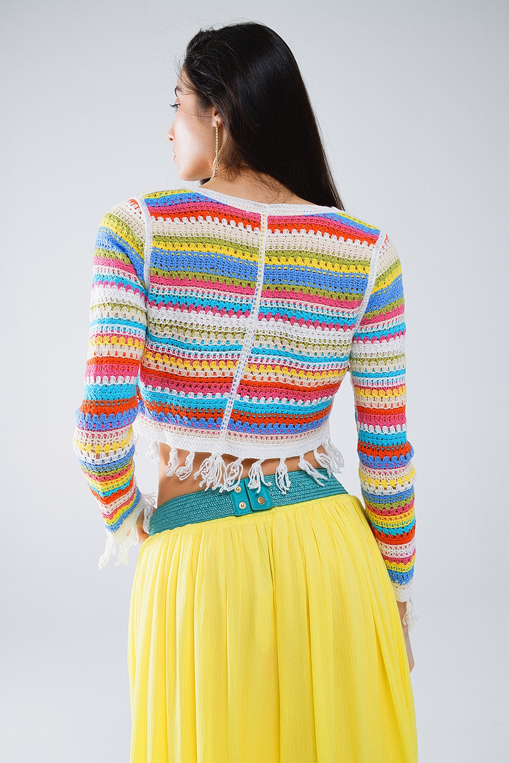 Cropped Crochet Cardigan In Multicolor Stripe Q2 Sweaters BoutiqueLua