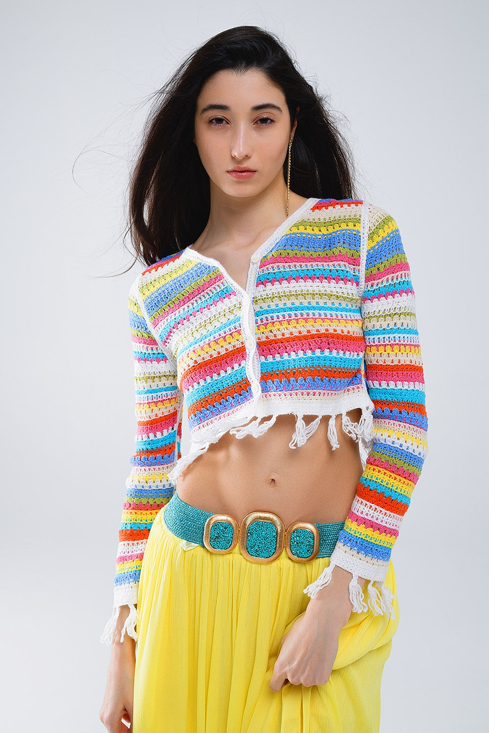 Cropped Crochet Cardigan In Multicolor Stripe Q2 Sweaters BoutiqueLua