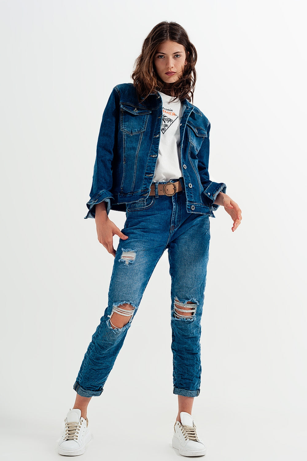 Cropped denim jacket in darkwash blue Q2 Coats and Jackets BoutiqueLua