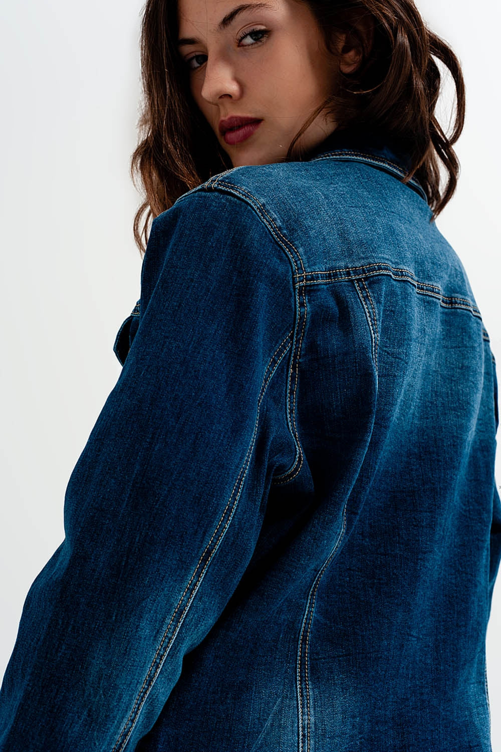 Cropped denim jacket in darkwash blue Q2 Coats and Jackets BoutiqueLua