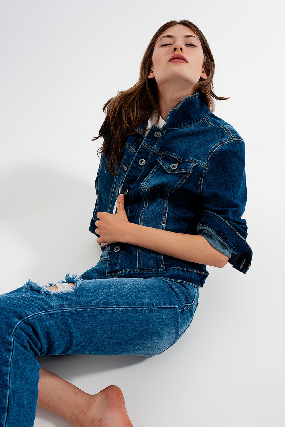 Cropped denim jacket in darkwash blue Q2 Coats and Jackets BoutiqueLua