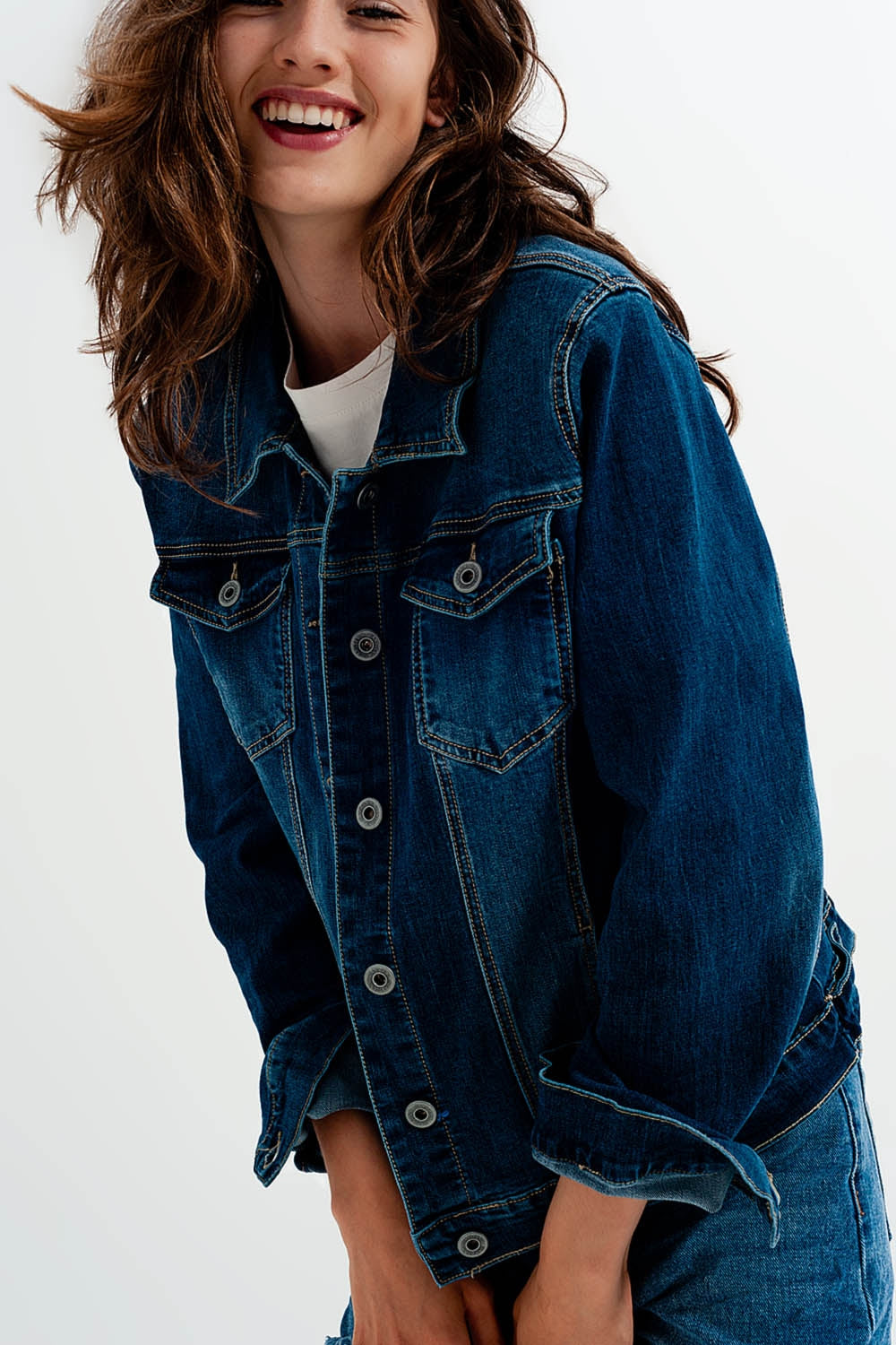 Cropped denim jacket in darkwash blue Q2 Coats and Jackets BoutiqueLua