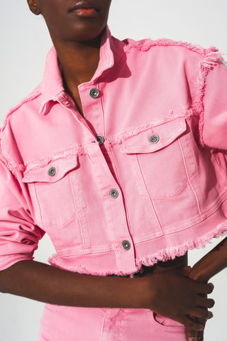 Cropped denim trucker jacket in pink