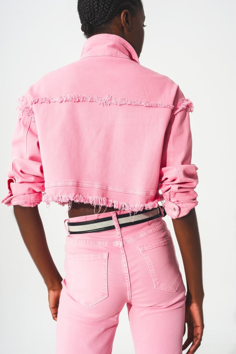 Cropped denim trucker jacket in pink Q2 Coats and Jackets BoutiqueLua