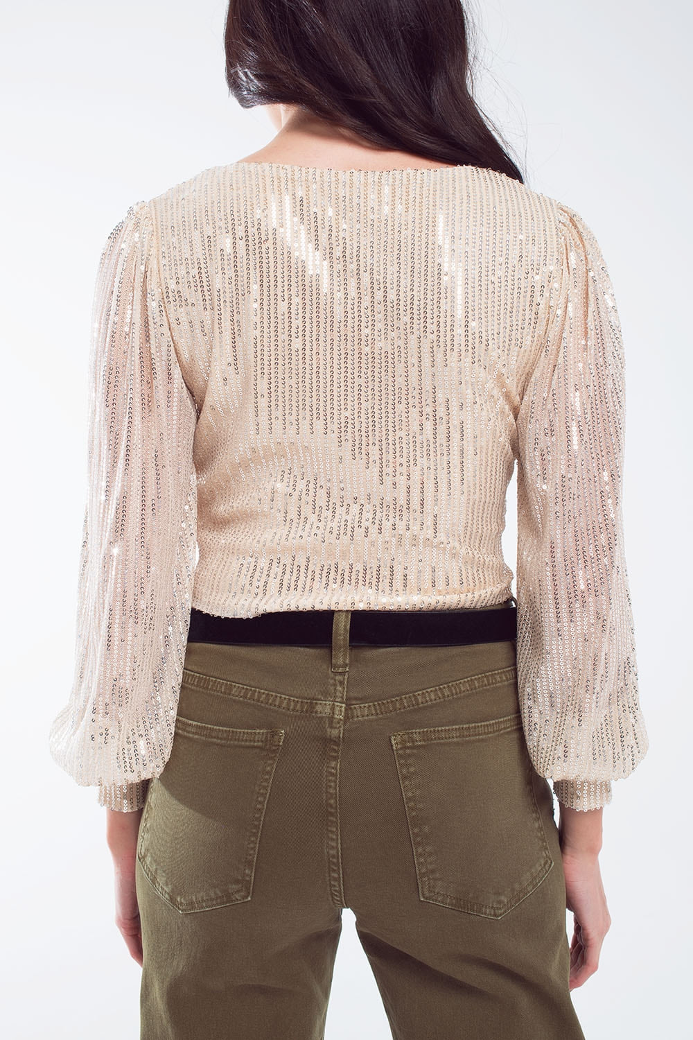 Cropped long Sleeve Sequin Top With V-neck and Rouched Design in Pearl –  BoutiqueLua