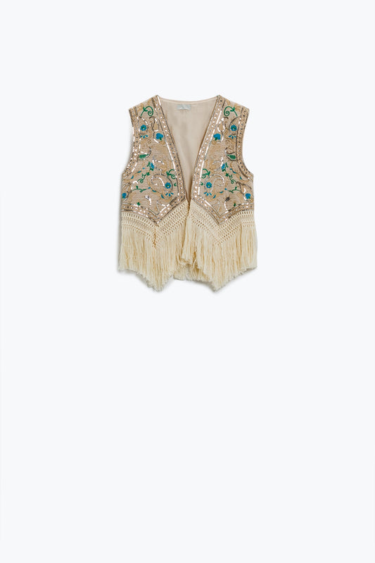 Cropped Vest With Floral Details And Fringe Trim At Bottom Q2 Shirts BoutiqueLua