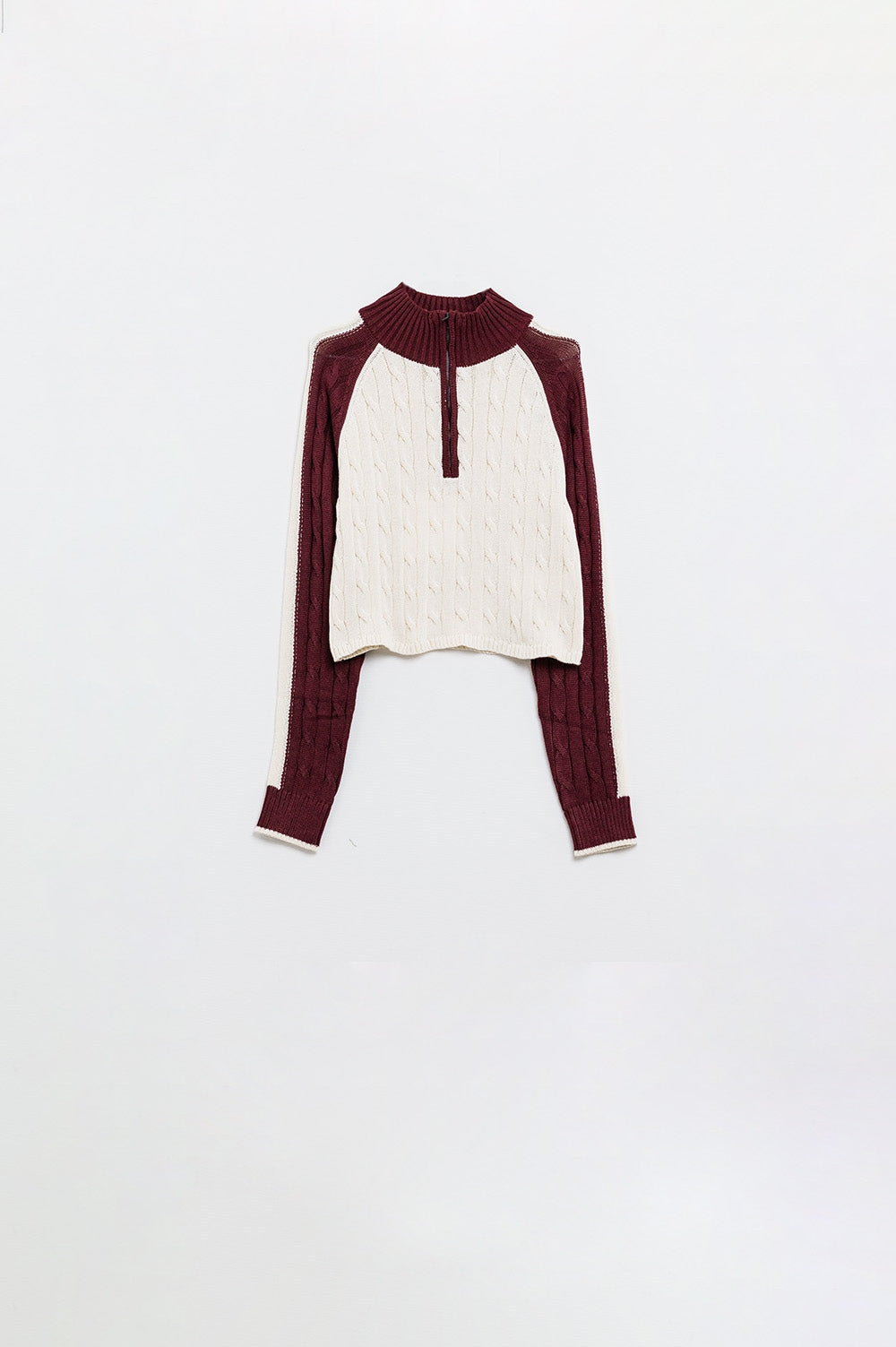 cropped white and burgundy sweater with neck zipper Q2 Sweaters BoutiqueLua