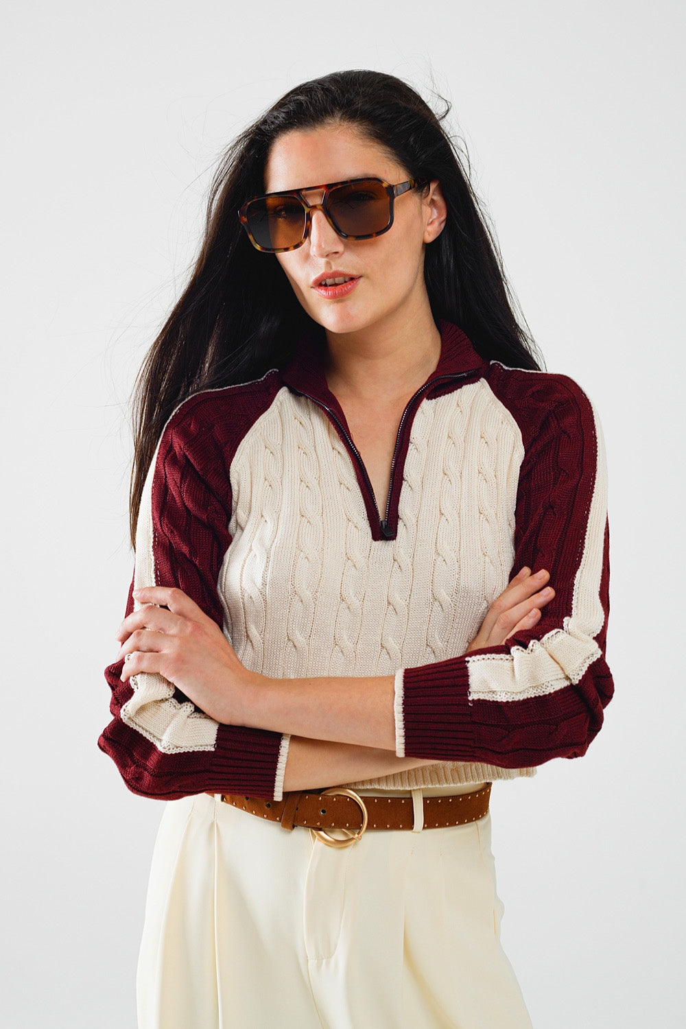 cropped white and burgundy sweater with neck zipper Q2 Sweaters BoutiqueLua