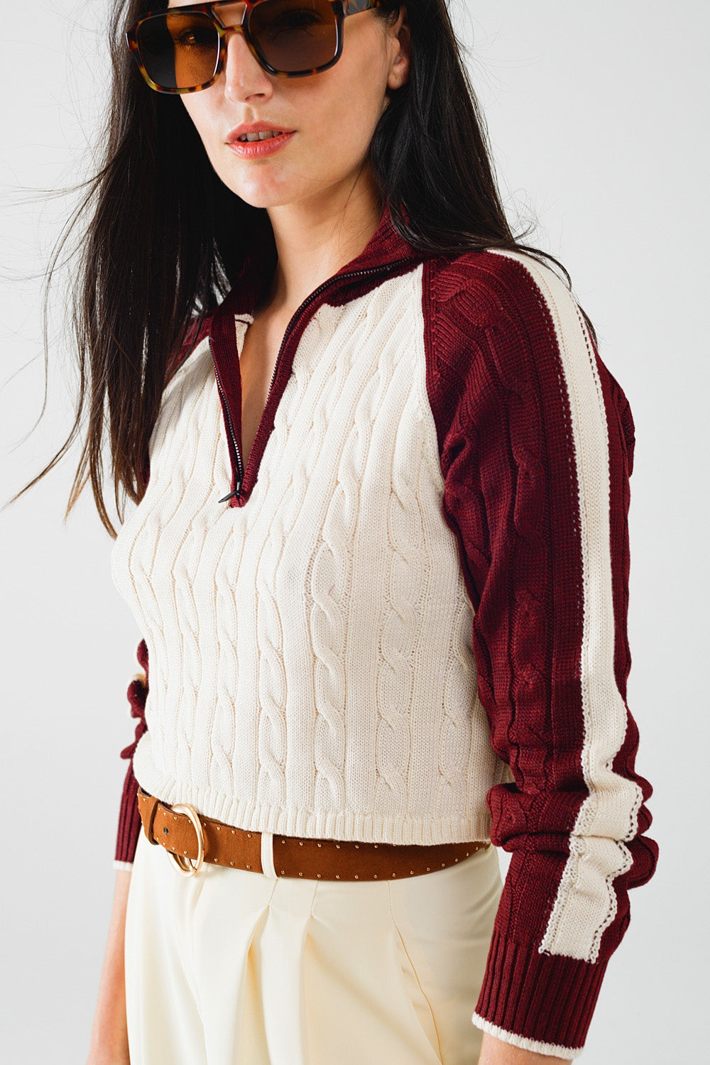 cropped white and burgundy sweater with neck zipper Q2 Sweaters BoutiqueLua