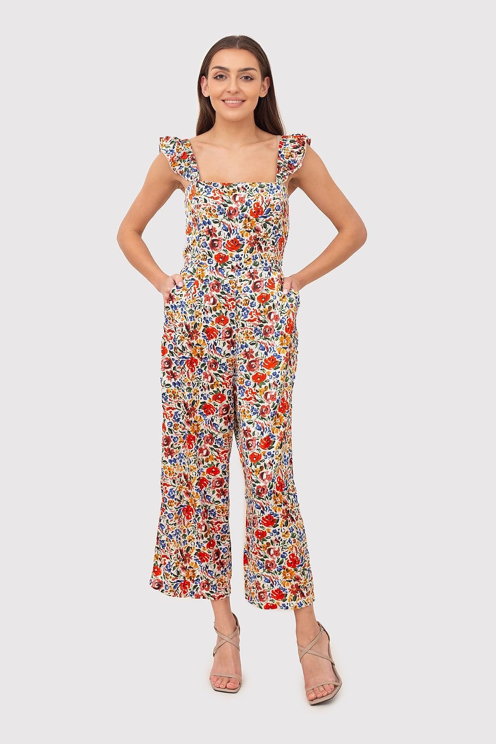 Floral Ruffle Print Jumpsuit with Side Pockets