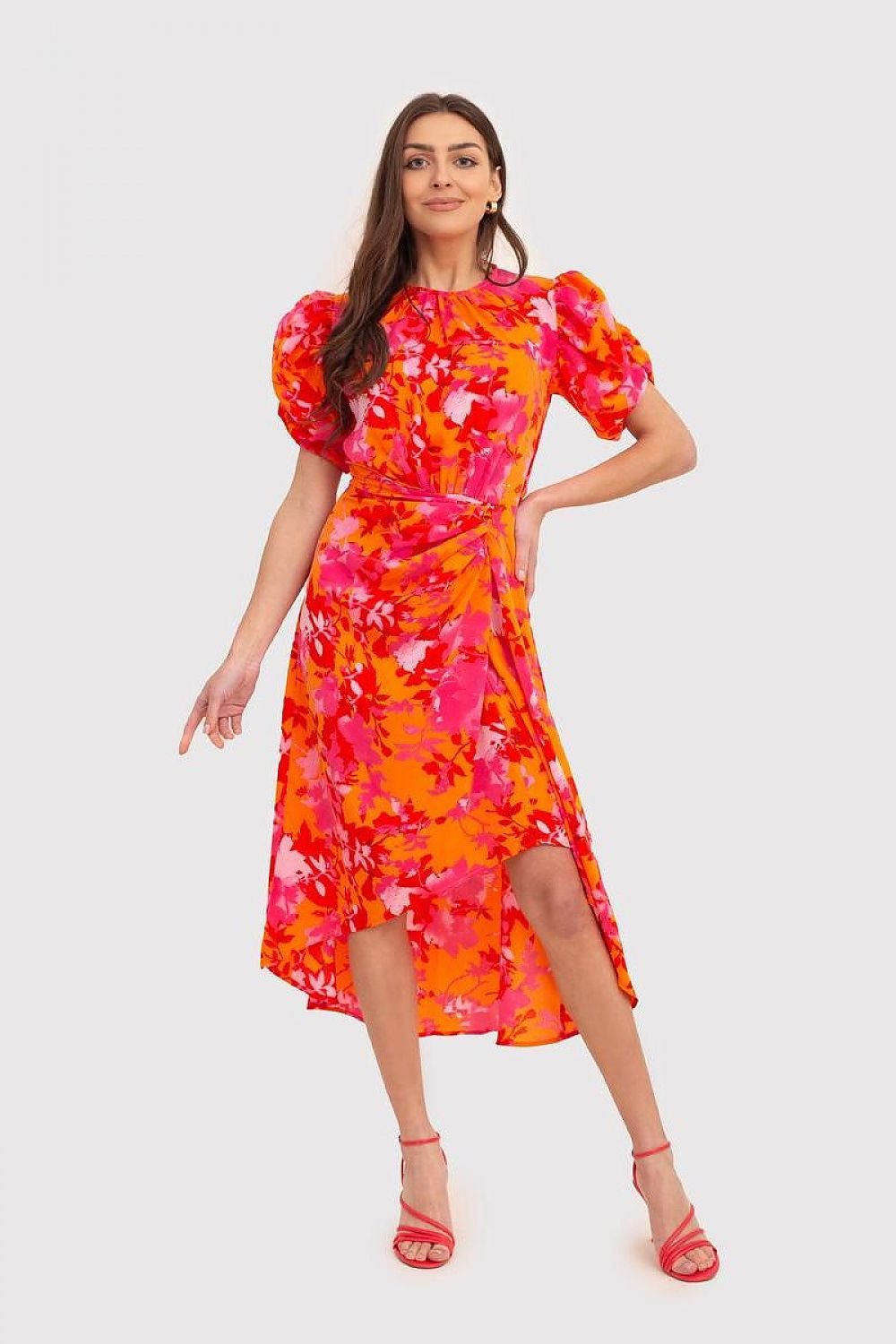 Trendy Pink and Orange Midi Dress with Short Sleeves