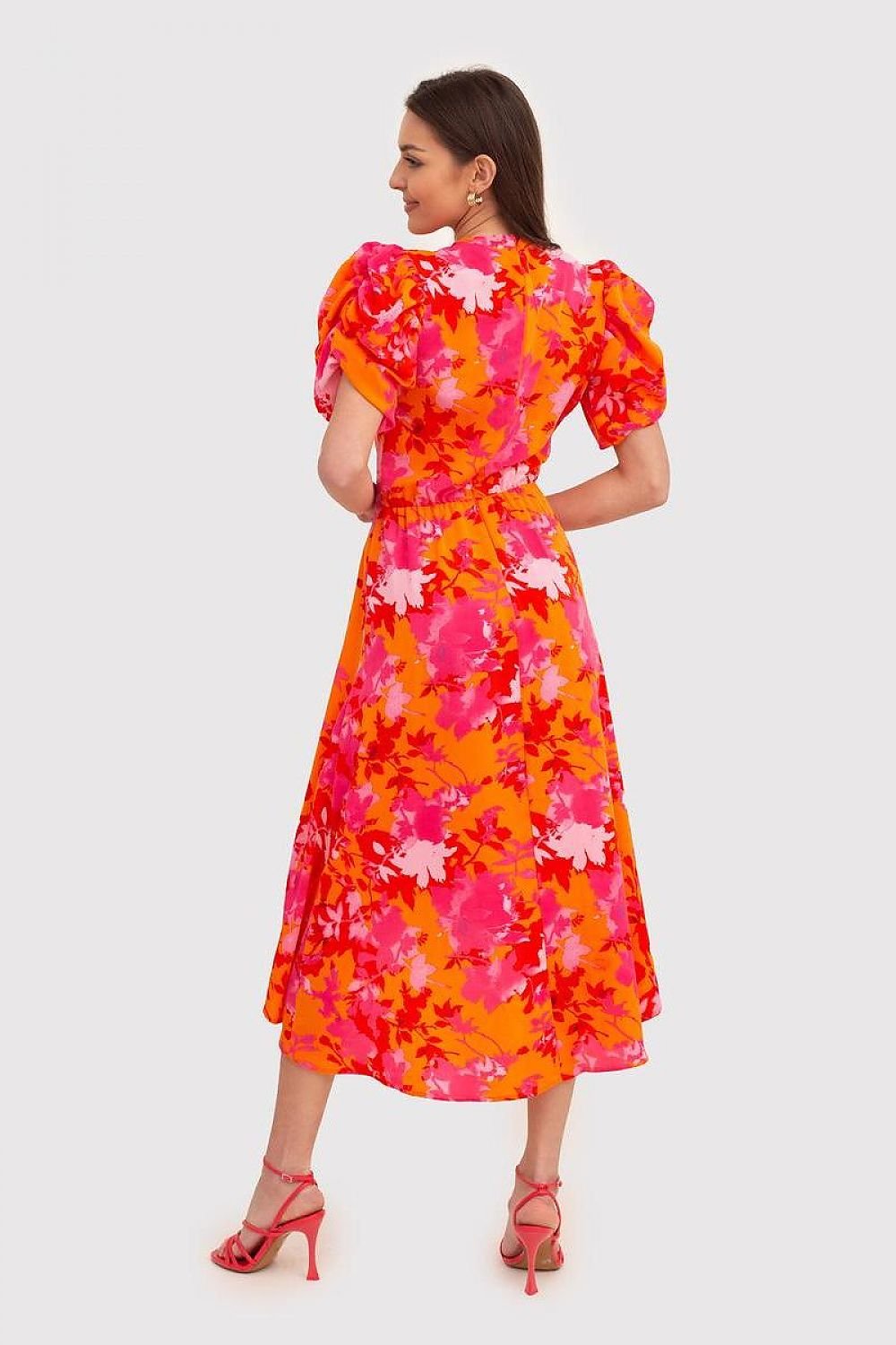 Trendy Pink and Orange Midi Dress with Short Sleeves