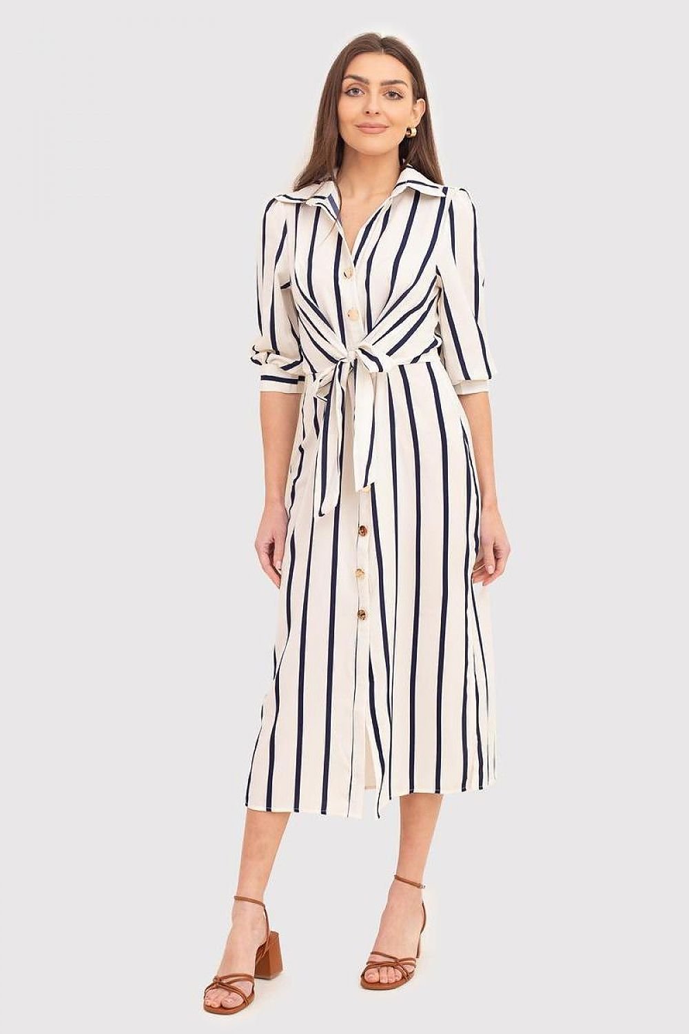 Versatile Cream Midi Dress with Navy Stripes